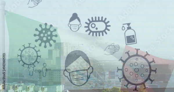 Fototapeta Displaying virus symbols, masked face and sanitizer floating over urban skyline, with flag stripes