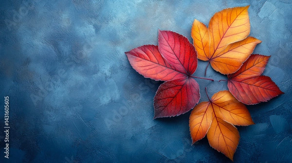 Obraz Vibrant red and orange fall leaves arranged on a moody textured blue surface, perfect for seasonal, nature, or design themes.
