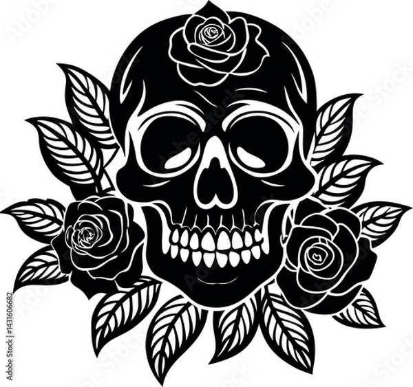 Fototapeta Skull With Roses And Leaves