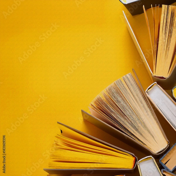 Obraz oil painting style illustration Many books are scattered on the left, with yellow background 