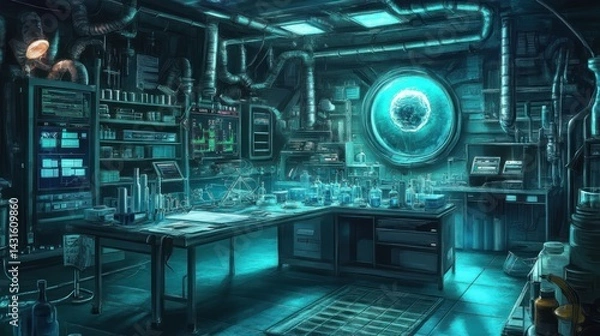 Fototapeta Futuristic underwater lab interior with glowing orb, equipment, and consoles.