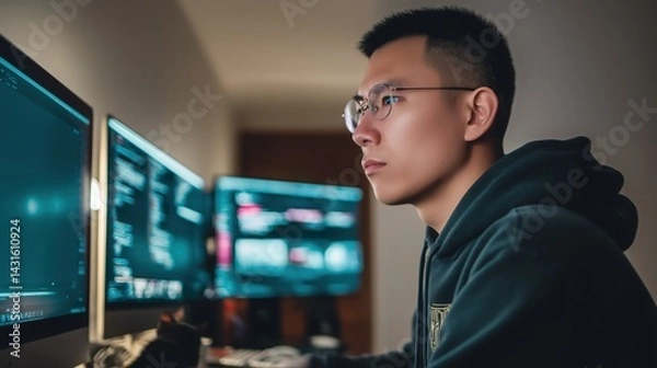 Obraz Freelance software developer working on projects home office digital portrait cozy environment close-up view