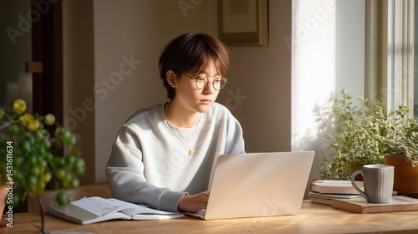 Obraz Focused study session cozy home office digital content creation bright environment side view young woman engaged