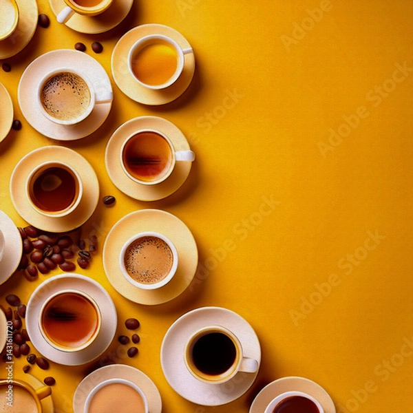 Obraz oil painting style illustration Many cup of coffee are scattered on the left, with yellow background