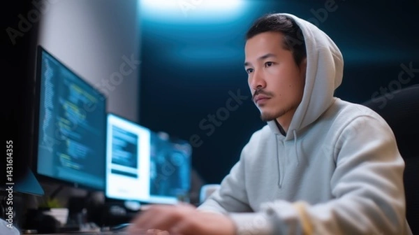 Obraz Freelance software developer in casual hoodie tech office candid shot urban environment focused expression