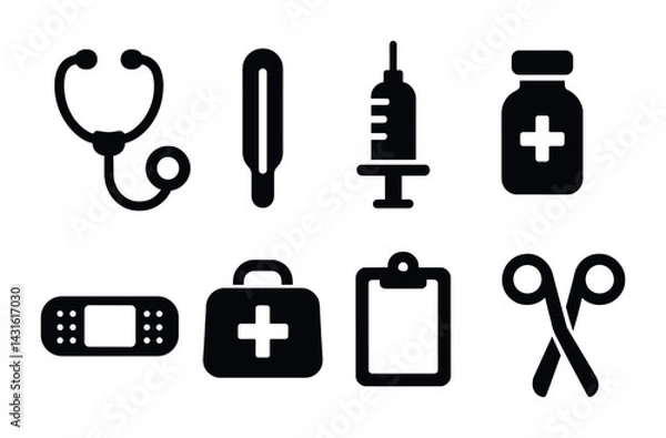 Fototapeta Healthcare and medical solid icons set – filled style health, wellness, and hospital symbols for medical use: stethoscope, thermometer, syringe, pill bottle, bandage, first aid kit, clipboard,