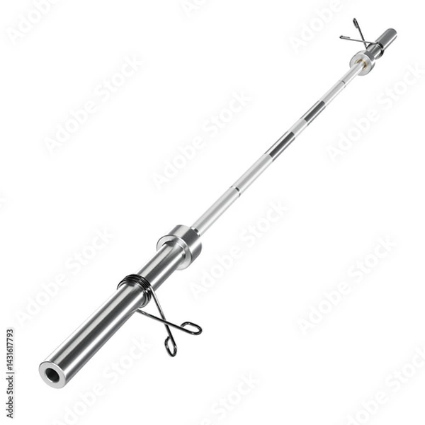 Fototapeta Cast Iron Barbell Straight Rod with Spring Lock, weightlifting gym equipment, side view, isolated on white background. 3D illustration