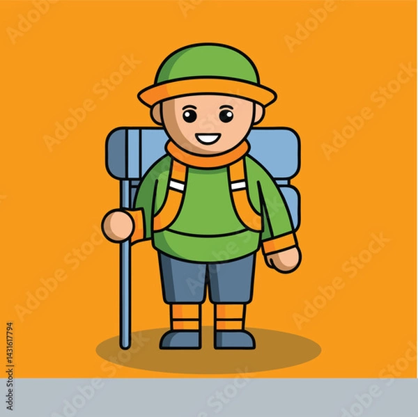 Fototapeta Cartoon vector illustration of a hiker kid who is excited for hiking or climbing the mountains