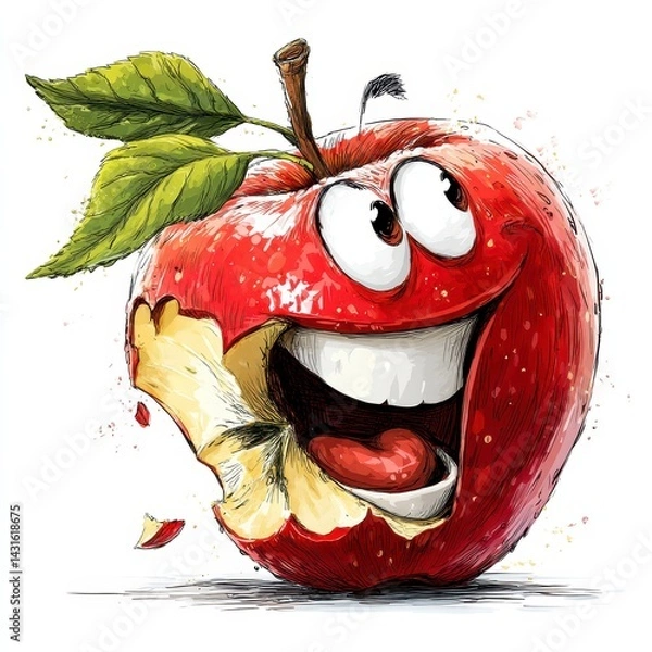 Fototapeta A cheerful cartoon apple with a big bite taken out of it, showcasing a playful expression. The red apple is depicted in a vibrant, whimsical style against a white background with splashes of color.