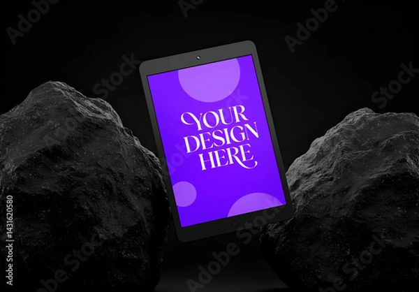 Fototapeta Tablet Mockup Floating Between Rocks on Dark Background