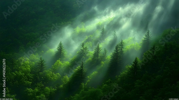 Fototapeta Misty Green Forest Aerial View