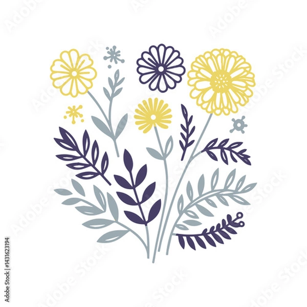 Fototapeta artistic botanical drawing with modern floral outlines and hand painted details for wrapping paper and fabric repeat design

