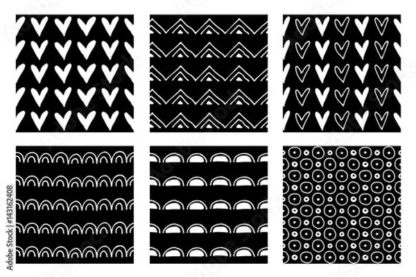 Fototapeta Set of seamless vector patterns. Black and white geometrical endless backgrounds with hand drawn geometric shapes, triangles, circles, dots, lines, Simple graphic design. Repeat decorative ornament.