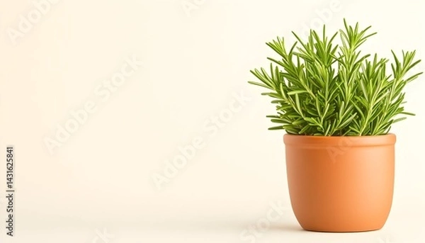 Fototapeta A potted rosemary plant on a white background with copy space