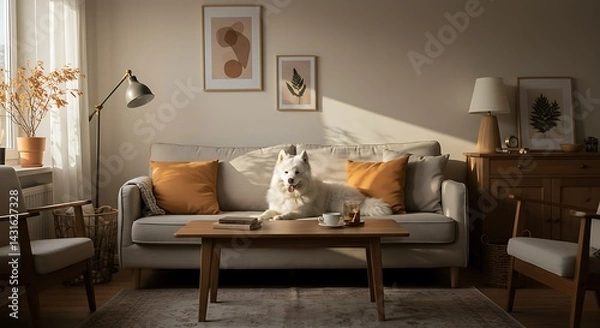 Fototapeta White Dog Relaxing in Cozy Living Room