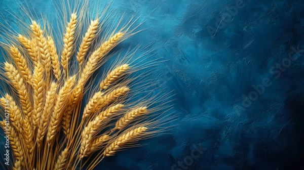 Obraz Close-up of golden wheat spikes arranged on a dark blue textured surface, symbolizing harvest, farming, nature, and rural abundance.
