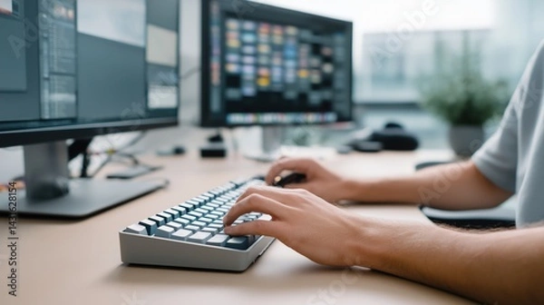Fototapeta Typing techniques for enhanced productivity home office closeup image modern workspace focused view technology insights