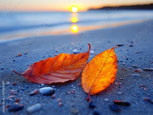 Obraz Two autumn leaves rest on a beach at sunset small stones surrounding them