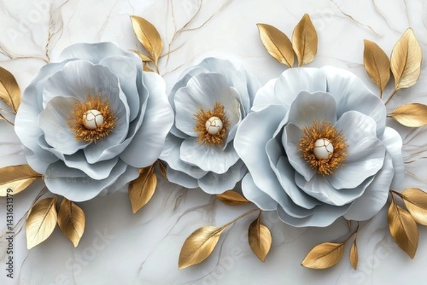Fototapeta A wabi-sabi bas-relief portrays hydrangeas using stucco