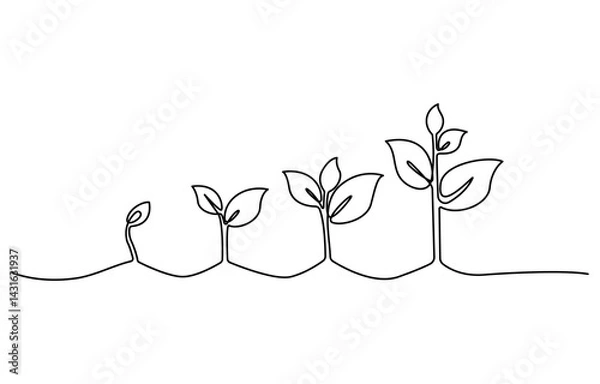 Fototapeta Growth plant processing tree Continuous one line drawing of outline vector icon, Seeds sprouting in the ground. Icons Sprouts, plants, trees are growing , Single line vector illustration.