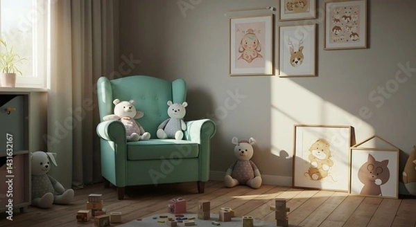 Fototapeta Childrens Room with Chair and Stuffed Animals