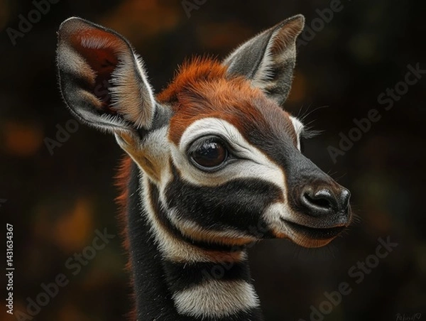 Obraz A Portrait of a Young Okapi:  The Unique Beauty and Mysterious Nature of the Forest Giraffe, Exploring its Stripes, Habitat, and Conservation Efforts