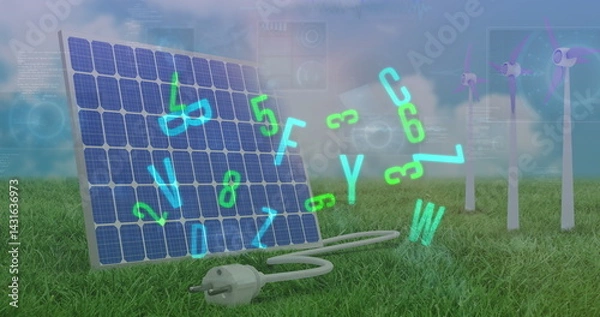 Fototapeta Image of data processing and letters over wind turbines and solar panel