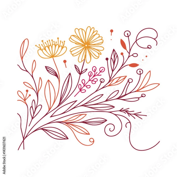 Fototapeta hand drawn botanical floral artwork featuring abstract blossoms and ornate leaf outlines for modern cushion cover and fabric design

