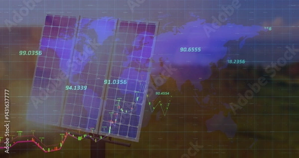Fototapeta Image of financial data processing over world map and solar panel