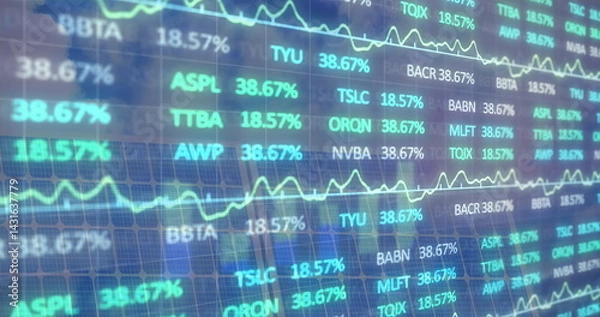 Fototapeta Image of financial data processing over solar panel