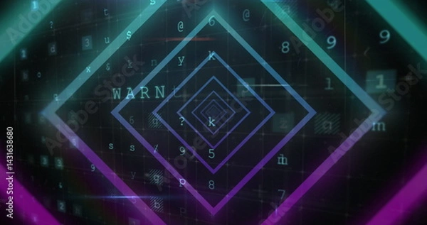 Fototapeta Image of tunnel with neon shapes over data processing on black background