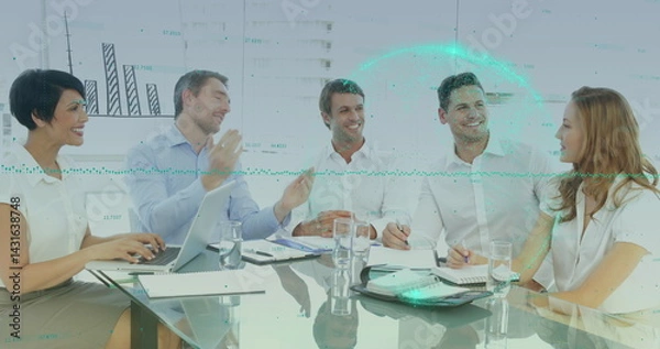 Fototapeta Image of data processing over diverse business people shaking hands