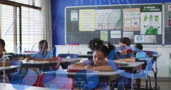 Fototapeta Statistical data processing against group of diverse students studying in a class at school