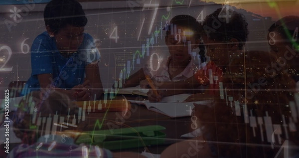 Fototapeta Financial data processing against group of diverse students studying in a class at school