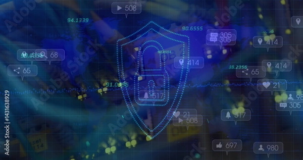 Fototapeta Multiple numbers over security shield and padlock icon against close up of a computer server