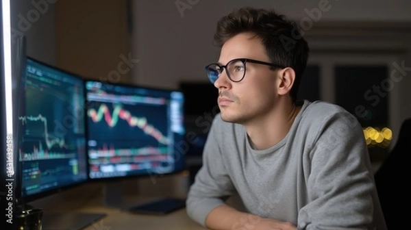 Obraz Financial analyst analyzing cryptocurrency trends in home office digital insights nighttime focused perspective