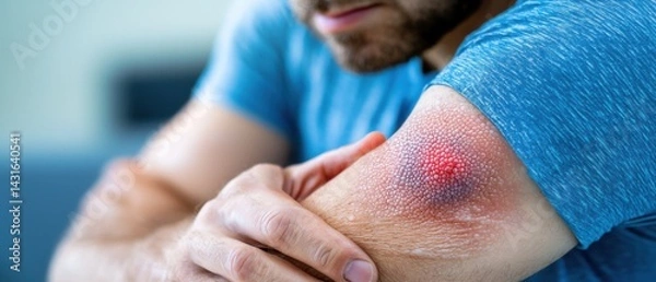Fototapeta Close-up view of a severe and open cutaneous leishmaniasis ulcer on the human arm, showing the raw, inflamed and discolored skin texture.