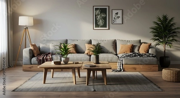Fototapeta Living Room with Sofa Plants and Coffee Table