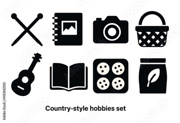 Fototapeta Country-style hobbies icon set – solid silhouette design for leisure and crafts enthusiasts: knitting needles, photo album, camera, basket, guitar, book, buttons, tea package.