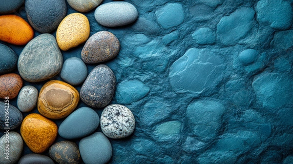 Obraz Rounded multicolored pebbles placed on a rough blue stone surface, evoking calm, nature, balance, and wellness-inspired themes.
