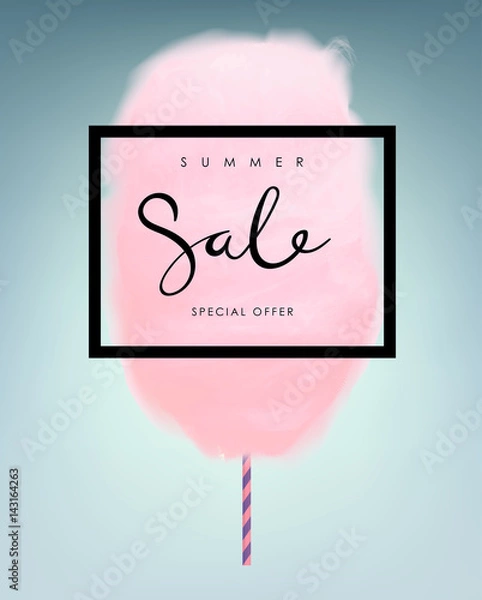 Obraz Blue cotton candy. Realistic sugar cloud with striped stick. Vector isolated object illustration.