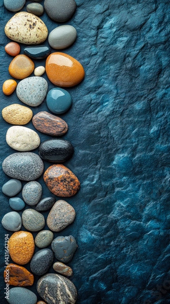 Obraz Top-down view of colorful smooth pebbles arranged vertically against a dark blue slate background, evoking calm, order, and nature.
