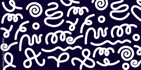 Fototapeta Abstract playful background with wavy, noodle-like purple and red lines on a deep navy backdrop. Dynamic, motion-inspired forms create a vibrant and energetic visual labeled "Wiggle."