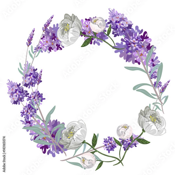Obraz Lavender and peony round frame vector template