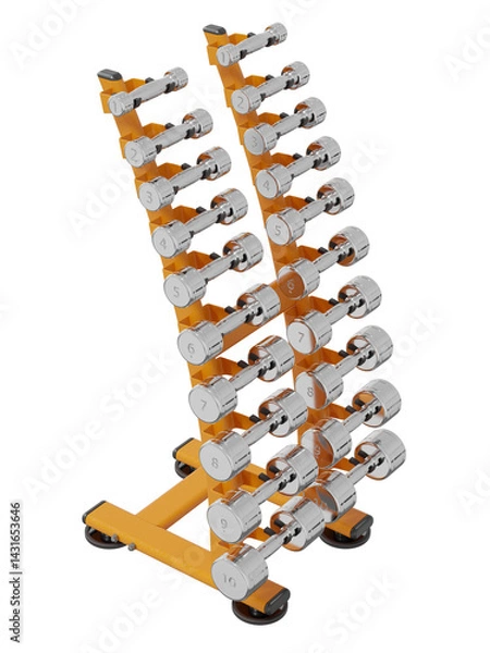 Fototapeta Gym Dumbbell rack, a stand for weightlifting gym equipment with different size and weight dumbbells, isolated on white background. 3D illustration