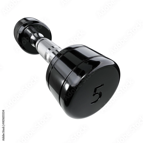 Fototapeta Round Chrome Dumbbell with number 5, weightlifting gym equipment wide angle view, isolated on white background. 3D illustration