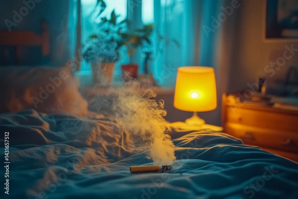 Obraz Smoking cigarette lying on bed in the bedroom, in twilight apartment, fire hazard from an unopened cigarette