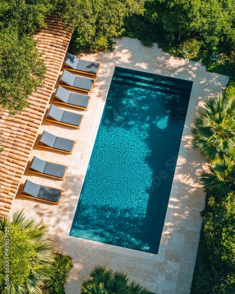 Obraz Aerial view of relaxation spaces with lounge chairs surround tranquil swimming pool suburban villa in lush garden setting during bright daylight