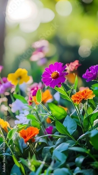 Fototapeta A visually striking arrangement of colorful flowers and lush green foliage highlighted by modern cinematic lighting for a captivating natural and appearance