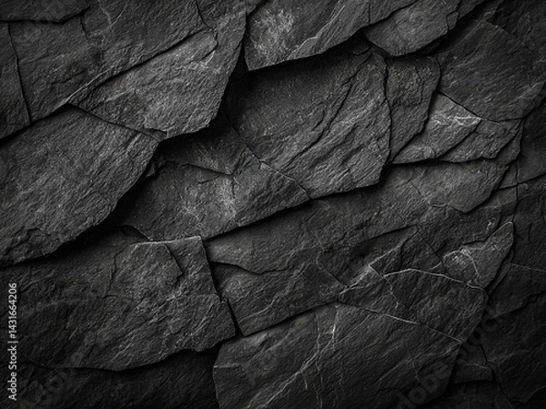 Obraz textured background of dark slate rock, showcasing various layers and cracks that create dramatic and rugged appearance. This evokes sense of strength and natural beauty